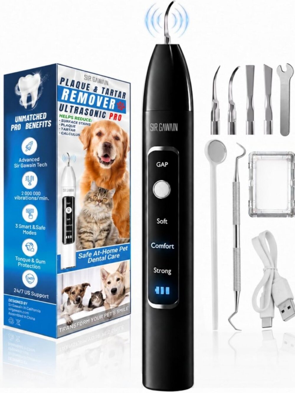 Ultrasonic Pet Dental Cleaner - Plaque & Tartar Remover, 4 Tips, 3 Modes, LED